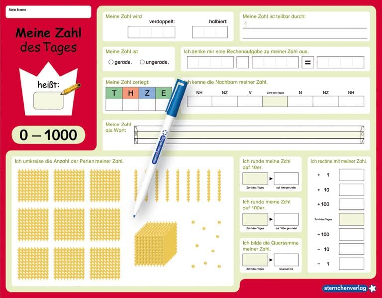 Meine Zahl des Tages 0-1000 - wiederbeschreibbare Lerntafel mit Stift - Mathematik: Für die 2. und 3. Klasse - Im großen Format, trocken abwischbar