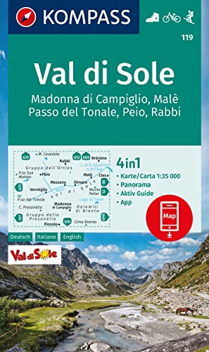 KOMPASS Wanderkarte 119 Val di Sole, Madonna di Campiglio, Malè, Passo del Tonale, Peio, Rabbi 1:35000: 4in1 Wanderkarte mit Panorama und Aktiv Guide ... Skitouren. (KOMPASS-Wanderkarten, Band 119)