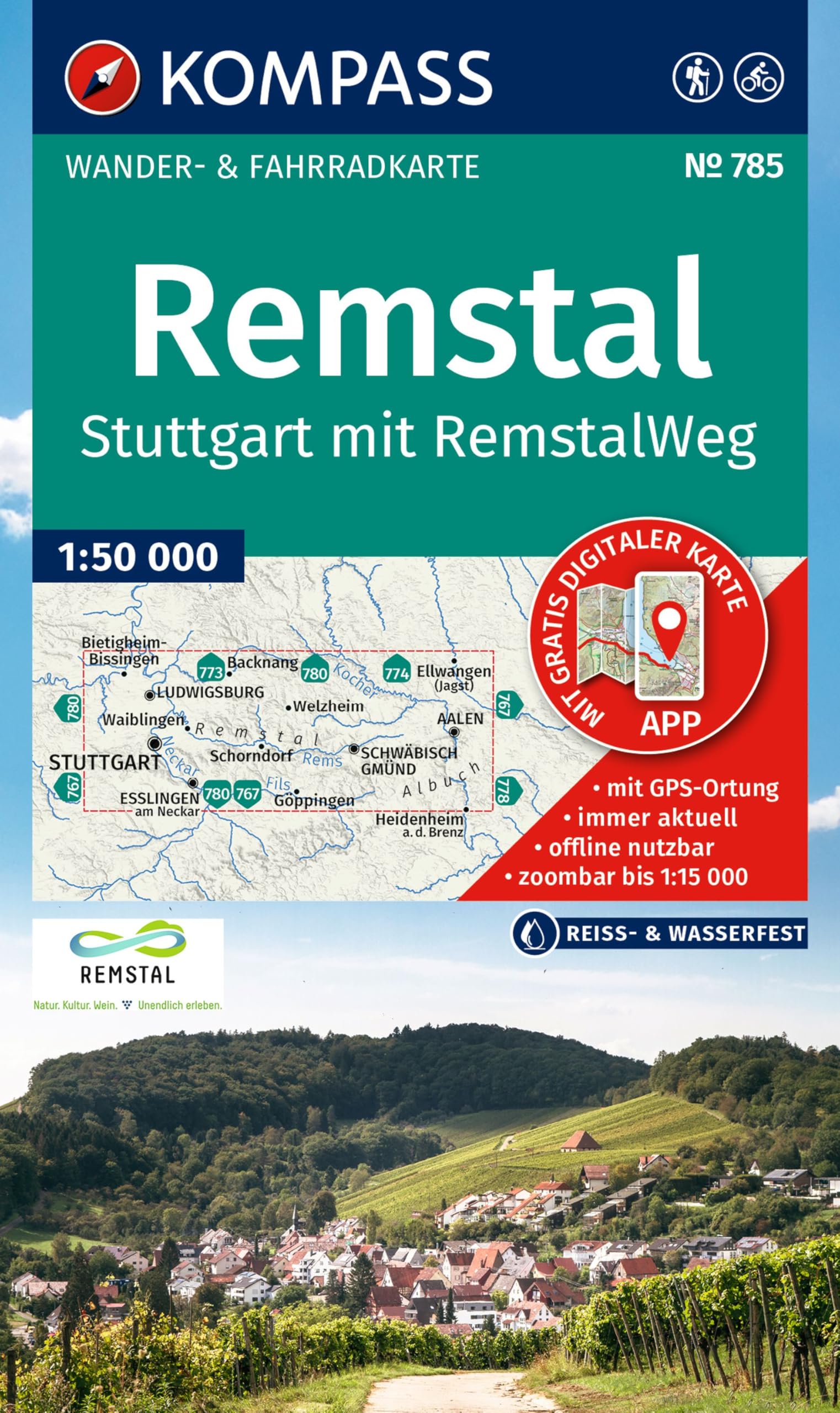 KOMPASS Wanderkarte 785 Remstal, Stuttgart, mit RemstalWeg 1:50.000: Wander- und Fahrradkarte in einem - inklusive Offline-Verwendung in der KOMPASS-App. Wander-& Radwege