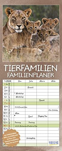 Tierfamilien Familienplaner 2024: Familienplaner - 4 große Spalten mit viel Platz. Hochwertiger Familienkalender für Tierliebhaber und Vorschau bis März 2025. 19 x 46 cm.