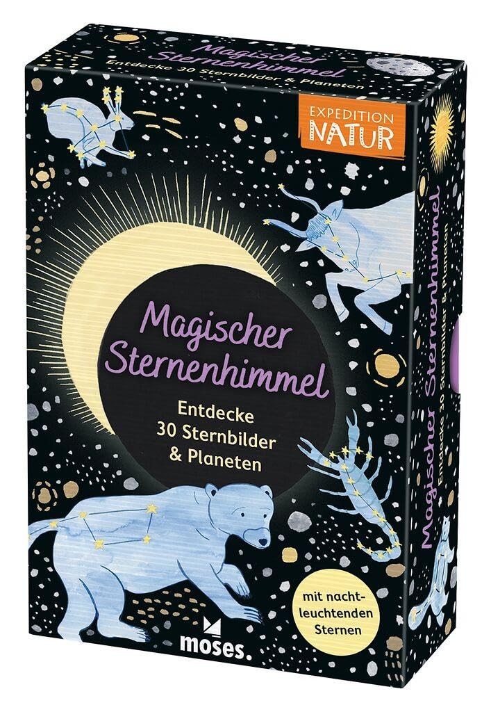 moses. Expedition Natur Magischer Sternenhimmel – Entdecke 30 Sternbilder & Planeten, Bestimmungskarten mit Glow-in-the-dark-Effekt, Astronomie für Kinder ab 5 Jahren
