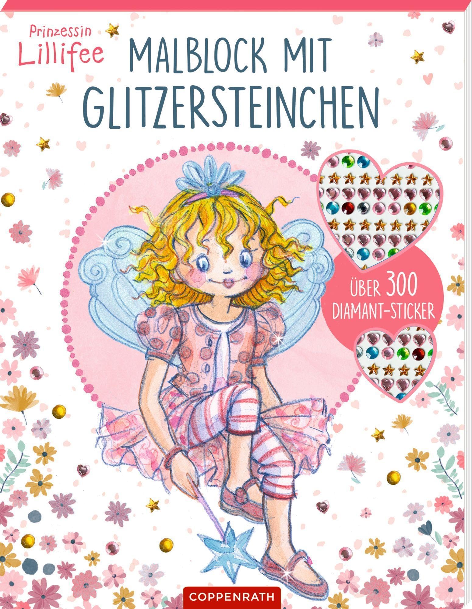 Malblock mit Glitzersteinchen (Prinzessin Lillifee): Über 300 Diamantsticker: 24 Ausmalmotive und 333 funkelnde Aufkleber in Diamant-, Stern- und Herzform und 5 Farben, ab 5 Jahren