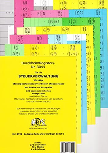 DürckheimRegister® STEUERVERWALTUNG Register für deine AO-AEAO-ErbStG/R-EStG/R-KStG/R-UStG-UStR-: nur Zahlen und §§: 199 Registeretiketten mit den ... 1993 . In jedem Fall auf der richtigen Seite®