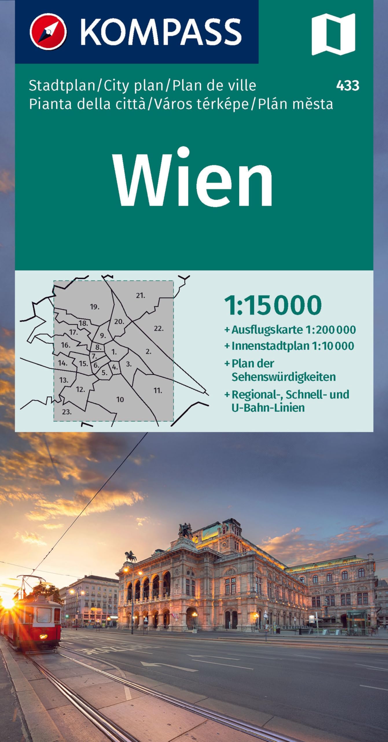 KOMPASS Stadtplan Wien 1:15.000: Innenstadt 1:10000. Ausflugskarte 1:200000