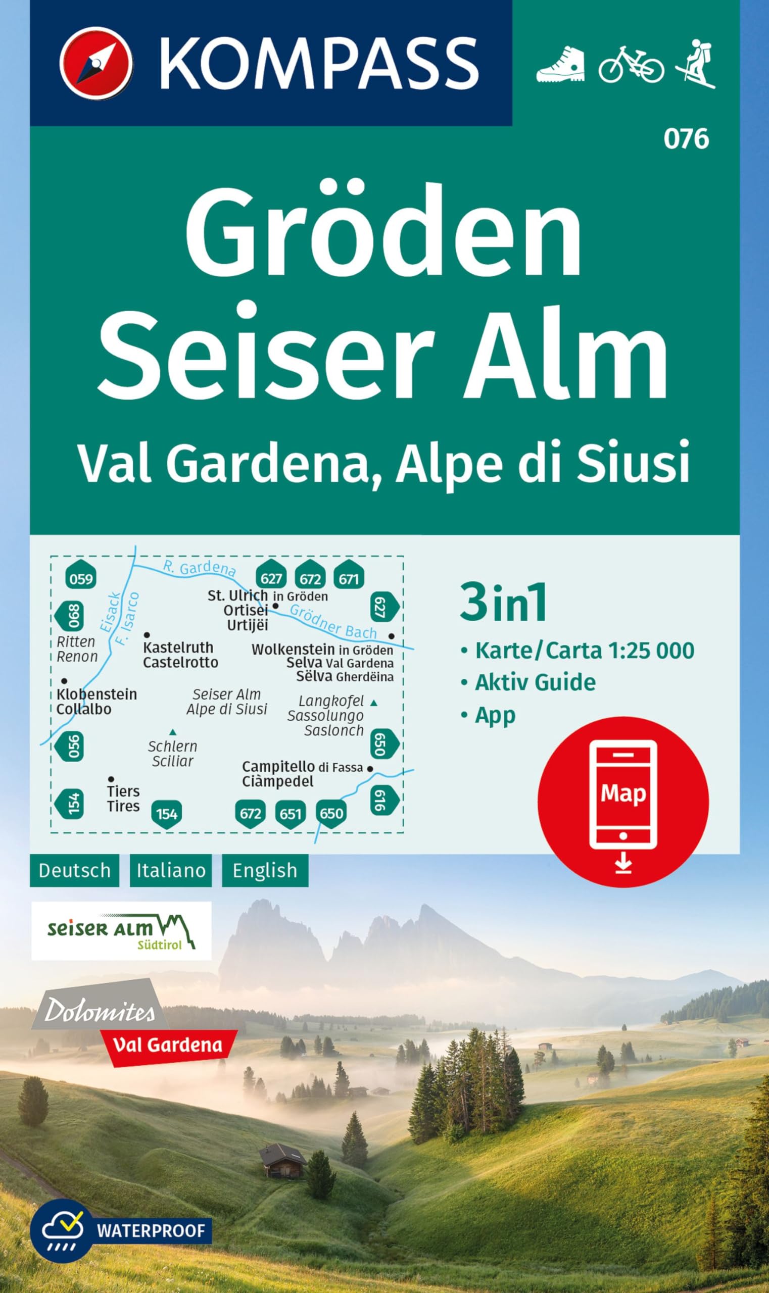 unbekannt Kompass Wanderkarte 076 Gröden, Seiser Alm / Val Gardena, Alpe Di Siusi 1, 25.000, 4in1 Wanderkarte Mit Aktiv Guide Und Detailkarten Inklusive Karte