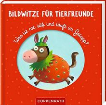 Bildwitze für Tierfreunde: Was ist rot, süß und läuft im Galopp? (Eine Pferdbeere.)