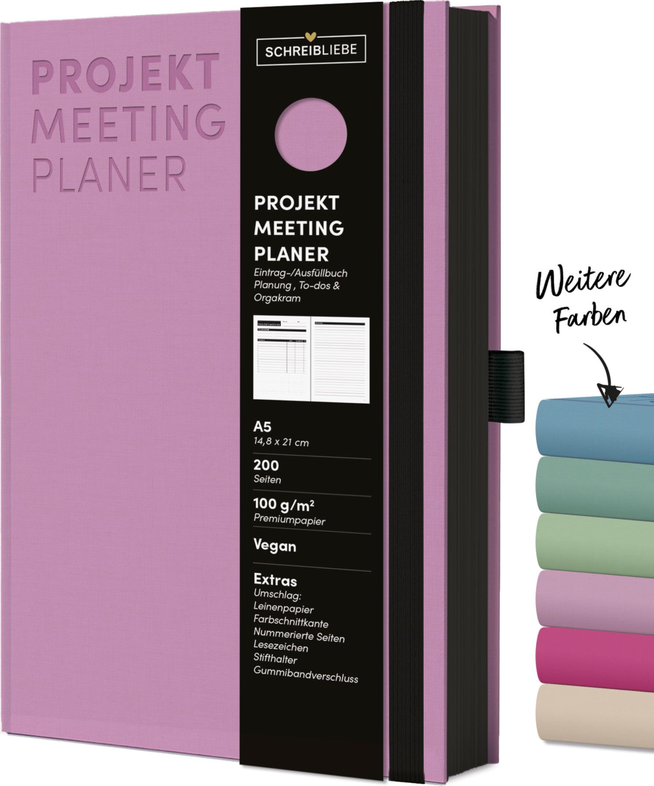 Projekt-Meeting Planer Flieder: Notizbuch A5, Ausfüllbuch mit Farbschnittkante, Lesebändchen, Stiftehalter und Gummiband, 200 Seiten - SchreibLiebe