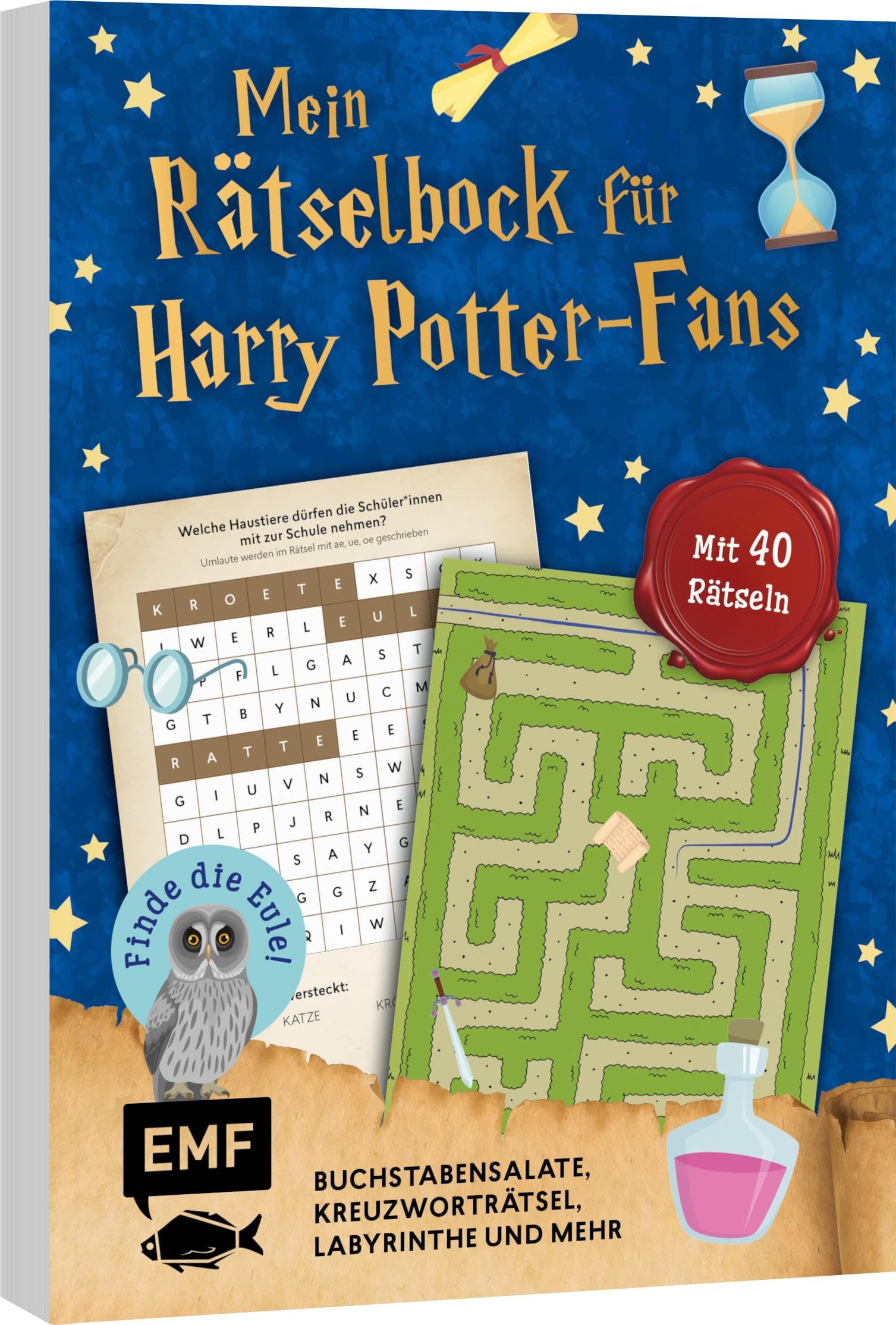 Mein zauberhafter Rätselblock für Harry Potter-Fans – Finde die Eule!: Mit 40 Rätseln: Buchstabensalate, Kreuzworträtsel, Labyrinthe und mehr