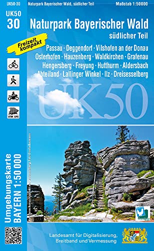 UK50-30 Naturpark Bayerischer Wald - südlicher Teil: Passau, Deggendorf, Vilshofen an der Donau, Osterhofen, Hauzenberg, Waldkirchen, Grafenau, ... Karte Freizeitkarte Wanderkarte)