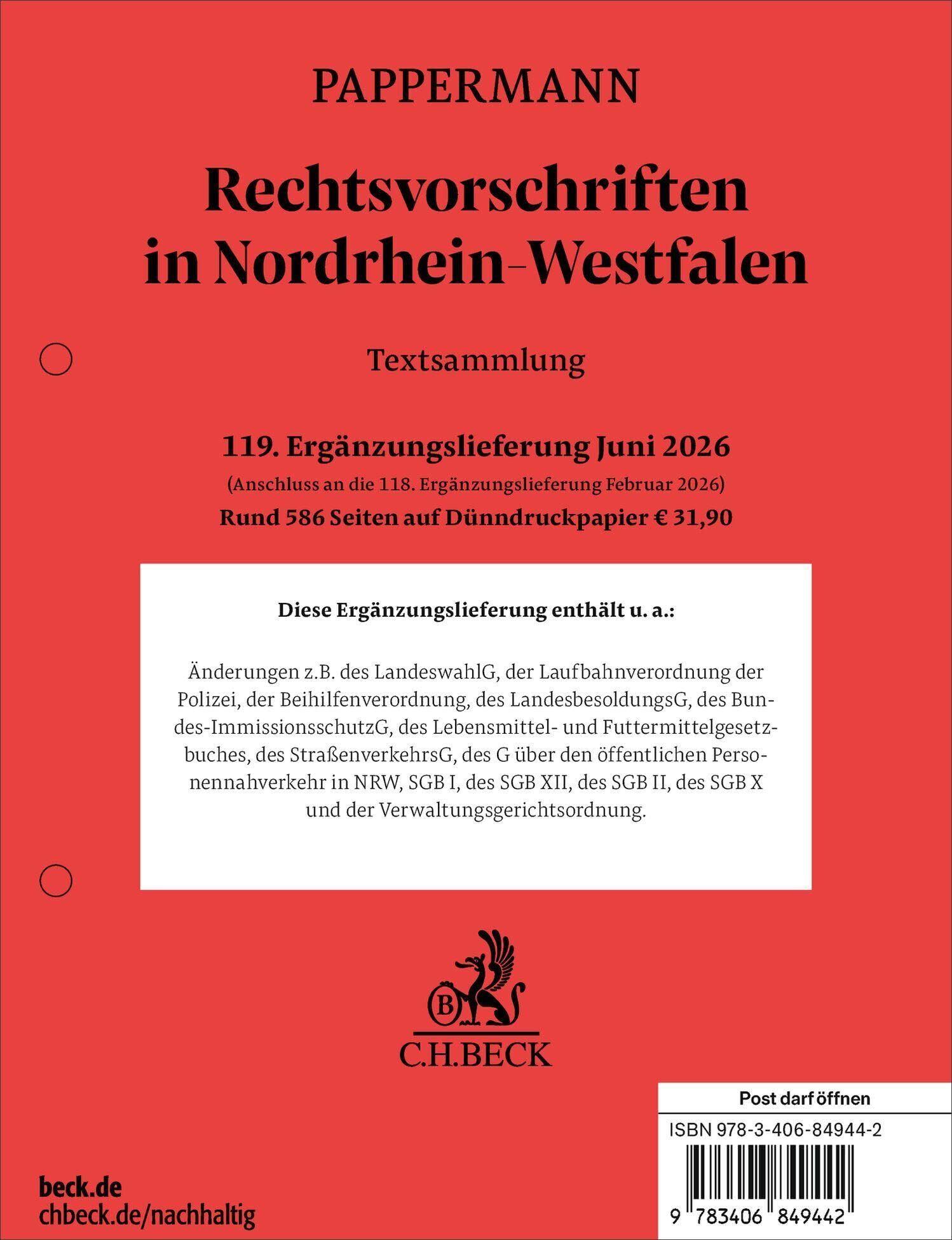 Rechtsvorschriften in Nordrhein-Westfalen 119. Ergänzungslieferung