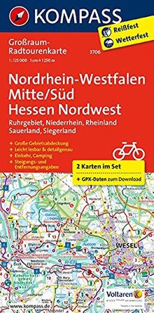 Nordrhein-Westfalen Mitte/Süd - Hessen Nordwest: Großraum-Radtourenkarte 1:125000, GPX-Daten zum Download (KOMPASS-Großraum-Radtourenkarte, Band 3706)