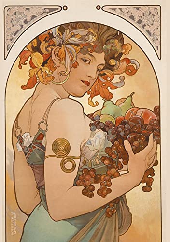 Notizbuch schön gestaltet mit Leseband - A5 Hardcover blanko - Alfons Mucha Früchte - 100 Seiten 90g/m² - FSC Papier: Notebook A5 - Art nouveau - Journal gebunden blanko - Jugendstil