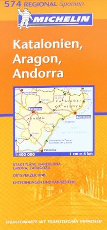 Katalonien, Aragon, Andorra: Strassenkarte mit touristischen Hinweisen. Stadtpläne: Barcelona, Girona/Gerona, Zaragoza. Ortsverzeichnis, Entfernungen und Fahrtzeiten (Michelin Regionalkarte)