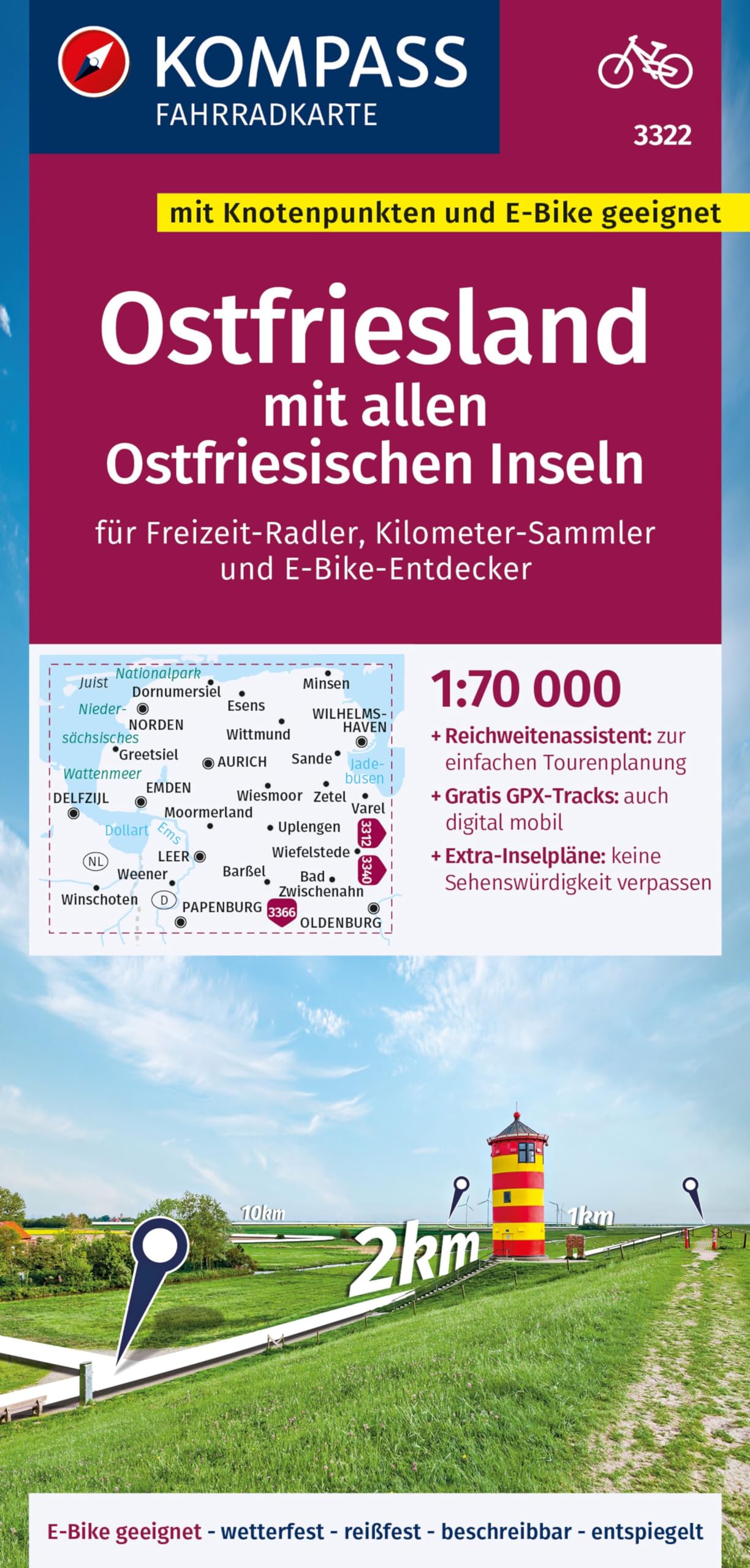unbekannt Kompass Fahrradkarte 3322 Ostfriesland Mit Allen Ostfriesischen Inseln Mit Knotenpunkten 1, 70.000, Reiß- Und Wetterfest Mit Extra Stadtplänen