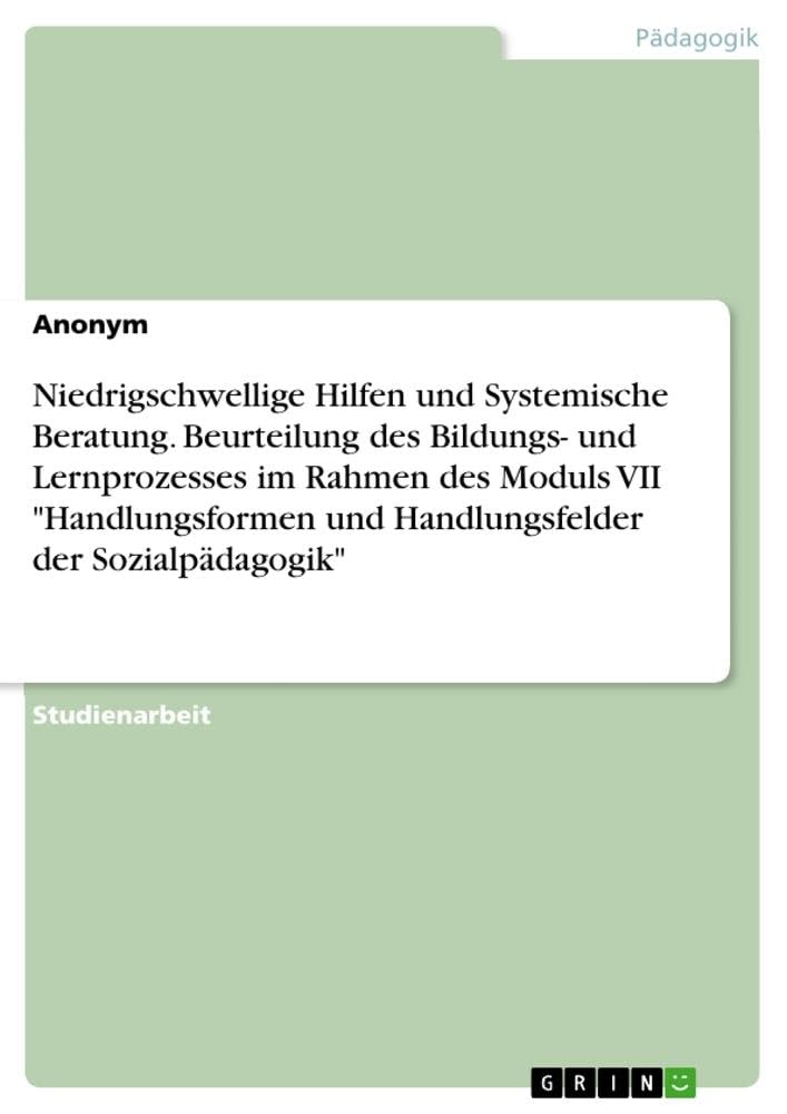 Niedrigschwellige Hilfen und Systemische Beratung. Beurteilung des Bildungs- und Lernprozesses im Rahmen des Moduls VII Handlungsformen und Handlungsfelder der Sozialpädagogik