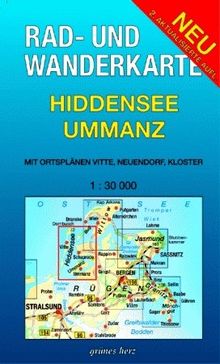 Rad- und Wanderkarte Hiddensee, Ummanz: Mit Ortsplänen von Vitte, Neuendorf, Kloster. Maßstab 1:30.000.