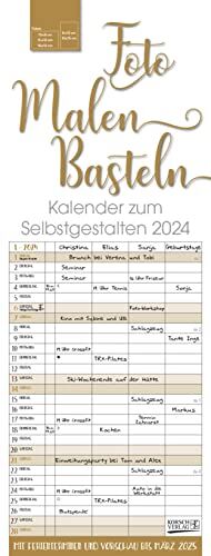 Foto-Malen-Basteln Familientimer gold 2024: Familienplaner mit 4 Spalten als Fotokalender zum Selbstgestalten. Familienkalender mit Ferienterminen und festem Bastelpapier.