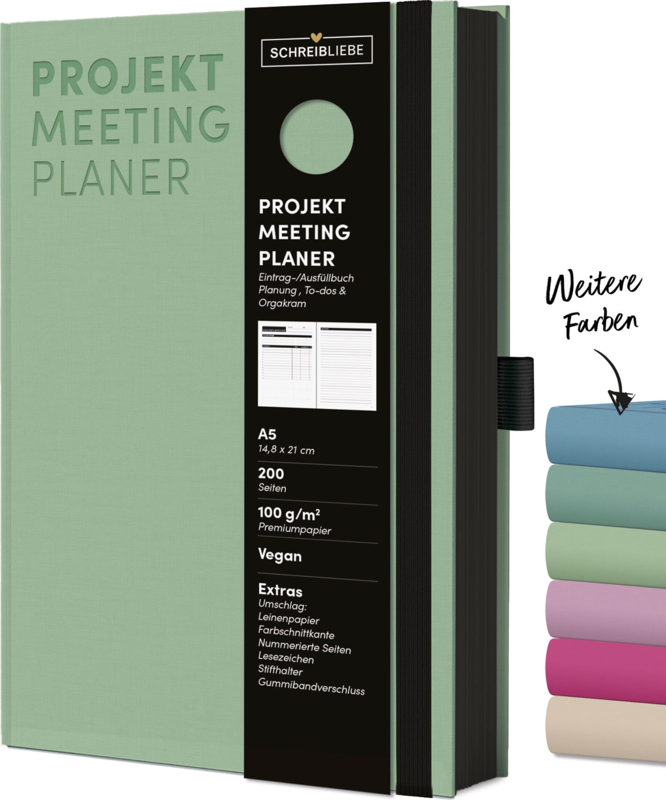 Projekt-Meeting-Planer Mint: Notizbuch A5, Ausfüllbuch mit Farbschnittkante, Lesebändchen, Stiftehalter und Gummiband, 200 Seiten - SchreibLiebe