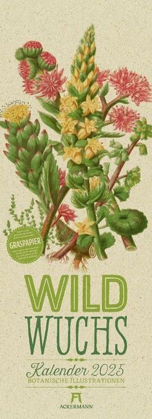 Wildwuchs - Botanische Illustrationen Kalender 2025, Wandkalender auf Graspapier, Hochformat (24x66 cm) - Kräuter, Pflanzen, hist. Chromolithografien