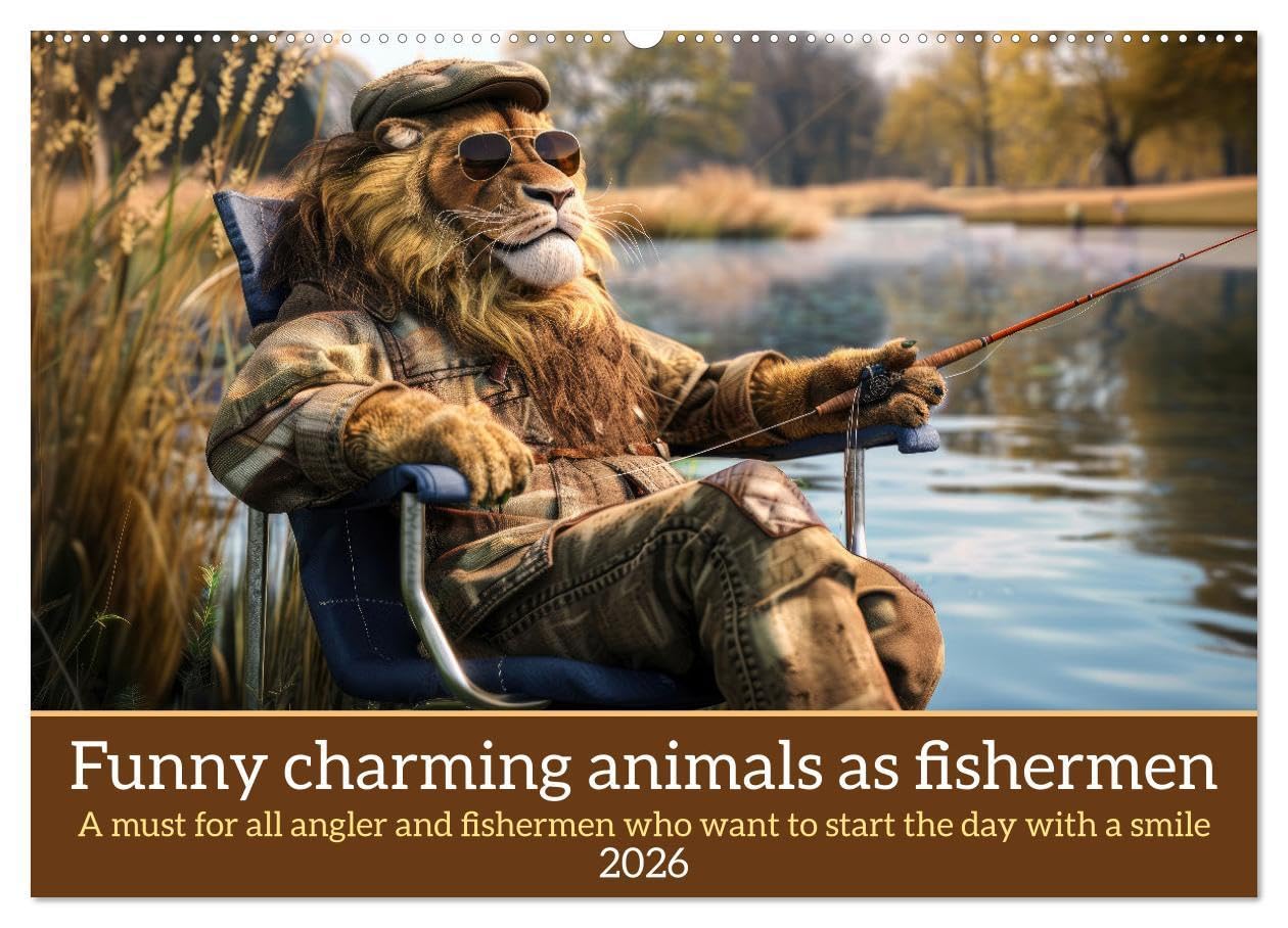 Funny charming animals as fishermen (Wall Calendar 2026 DIN A2 landscape), CALVENDO 12 Month Wall Calendar: Funny animals sit in fishing outfits at a lake fishing, accompanied by humorous sayings