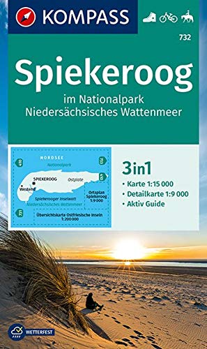 KOMPASS Wanderkarte Spiekeroog im Nationalpark NIedersächsisches Wattenmeer: 3in1 Wanderkarte 1:15000 mit Aktiv Guide und Detailkarte. Fahrradfahren Reiten. (KOMPASS-Wanderkarten, Band 732)