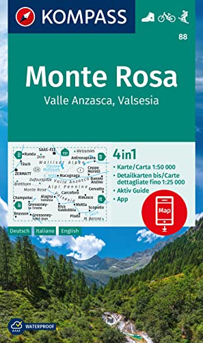 unbekannt Kompass Wanderkarte 88 Monte Rosa, Valle Anzasca, Valsesia 1, 50.000, 4in1 Wanderkarte Mit Aktiv Guide Und Detailkarten Inklusive Karte Zur Offline