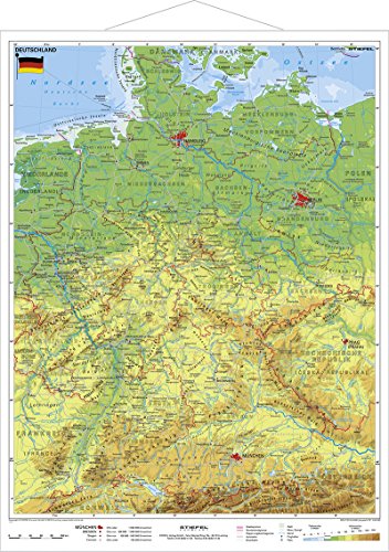 Stiefel Wandkarte Kleinformat mit Metallstäben   Stiefel Wandkarte Kleinformat Deutschland physisch mit Metallstäben Karte (im Sinne von Landkarte)