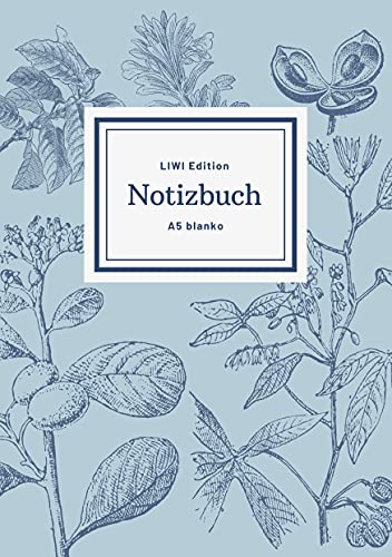 Notizbuch schön gestaltet mit Leseband - A5 Hardcover blanko - 100 Seiten 90g/m² - floral hellblau - FSC Papier: Notebook A5 Hardcover blanko