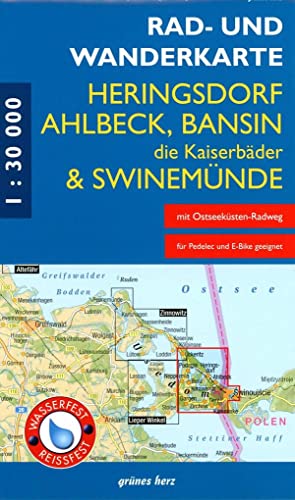 Rad- und Wanderkarte Heringsdorf, Ahlbeck, Bansin - Die Kaiserbäder und Swinemünde: Mit Ückeritz, Pudagla, Benz, Neppermin, Dargen, Zirchow, Kamminke, ... Garz. Maßstab 1:30.000. Wasser- und reißfest.