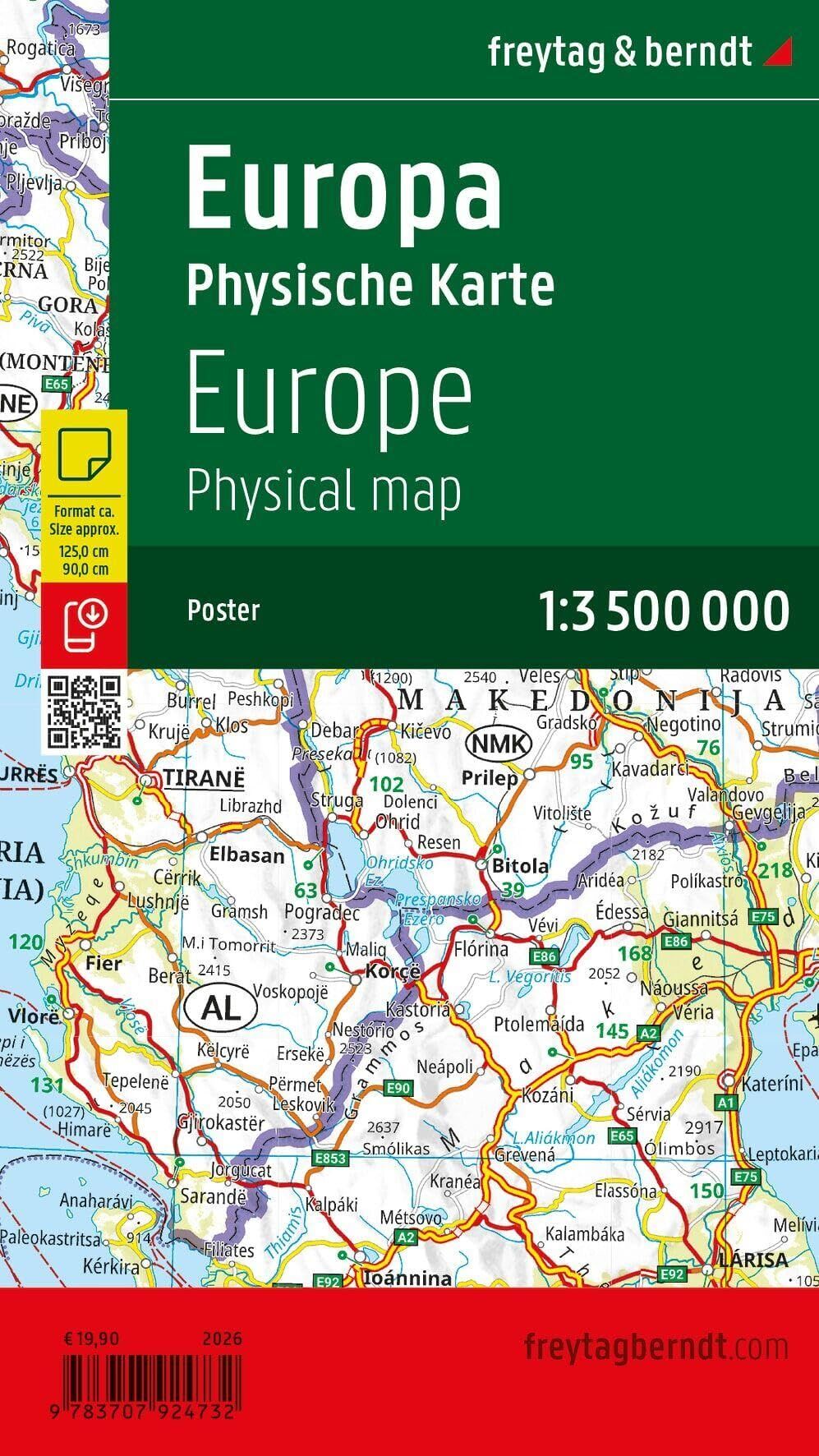 Europa physisch, Straßenkarte 1:3.500.000, Poster, freytag & berndt