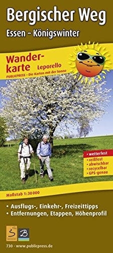 Bergischer Weg, Essen - Königswinter: Leporello Wanderkarte mit Ausflugs-, Einkehr- & Freizeittipps, Entfernungen, Etappen, Höhenprofil, wetterfest, reißfest, abwischbar, GPS-genau.