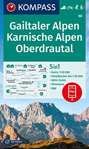 unbekannt Kompass Wanderkarte 60 Gailtaler Alpen, Karnische Alpen, Oberdrautal 1, 50.000, 5in1 Wanderkarte, Mit Panorama, Aktiv Guide Und Detailkarten