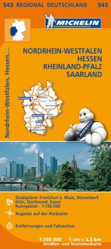 NRW, Hessen, Rheinland-Pfalz, Saarland: Stadtpläne: Frankfurt a. Main, Düsseldorf, Köln, Dortmund, Essen. Ruhrgebiet 1 : 150 000. Register. Entfernungen und Fahrzeiten (Regionalkarten)