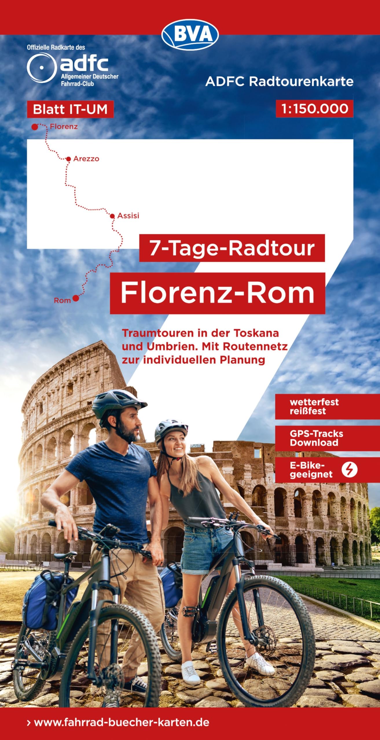 BVA ADFC Radtourenkarte 7-Tage-Radtour Florenz-Rom, 1:150.000: reiß- und wetterfest, E-Bike geeignet, GPS-Tracks Download, mit Kilometer-Angaben, ... Mit Routennetz zur individuellen Planung
