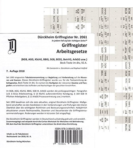ARBEITSGESETZE Dürckheim-Griffregister Nr. 2061 ( 2018): 61 bedruckte Griffregister zur Befestigung an Trennblättern oder Buchseiten der Arbeitsgesetze