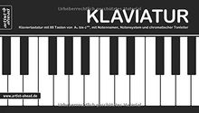 Klaviatur: Ausklappbare Klaviertastatur mit 88 Tasten von A'' bis c''''', mit Notennamen, Notensystem und chromatischer Tonleiter (360 g-Kartonpapier).