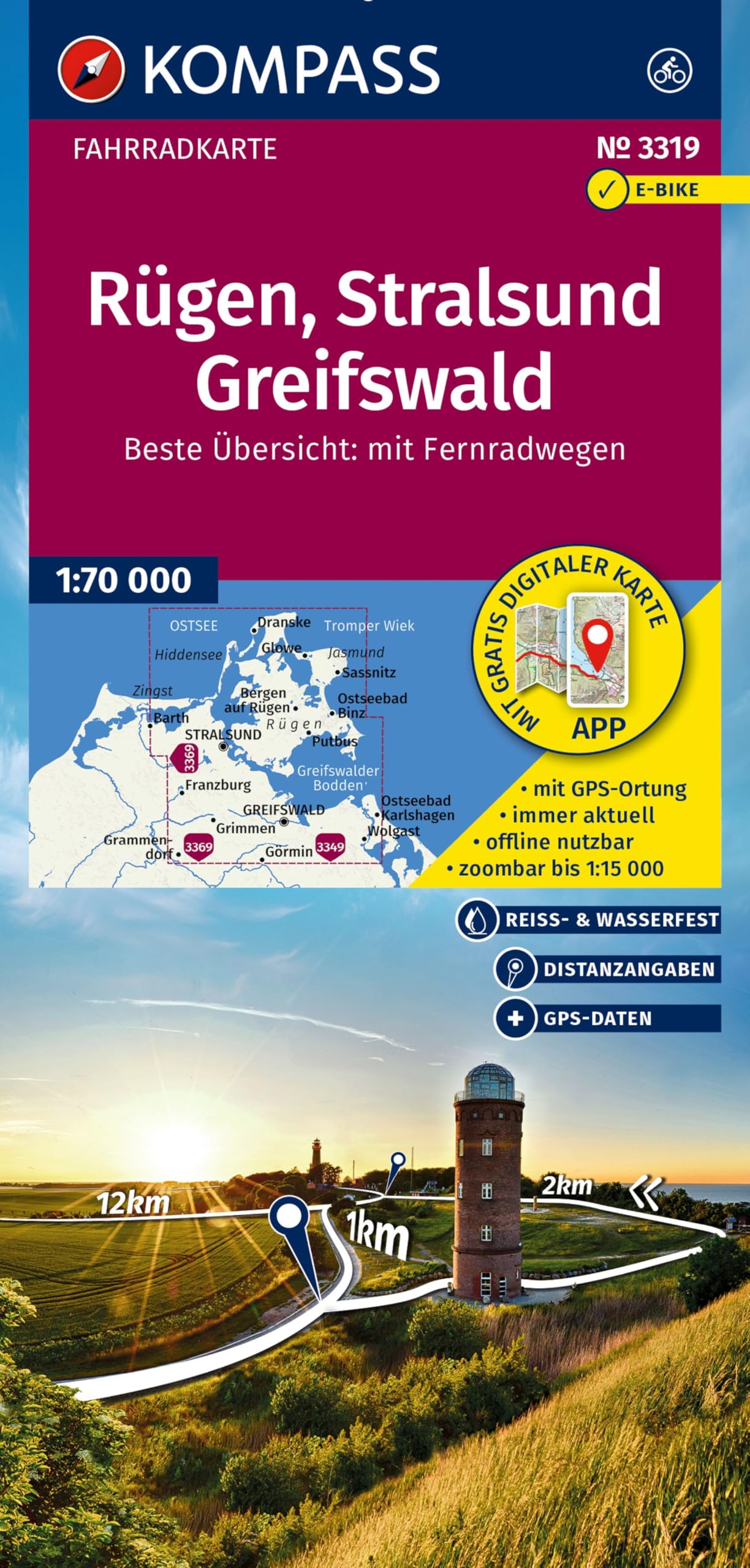 KOMPASS Fahrradkarte 3319 Rügen, Stralsund, Greifswald 1:70.000: reiß- und wetterfest