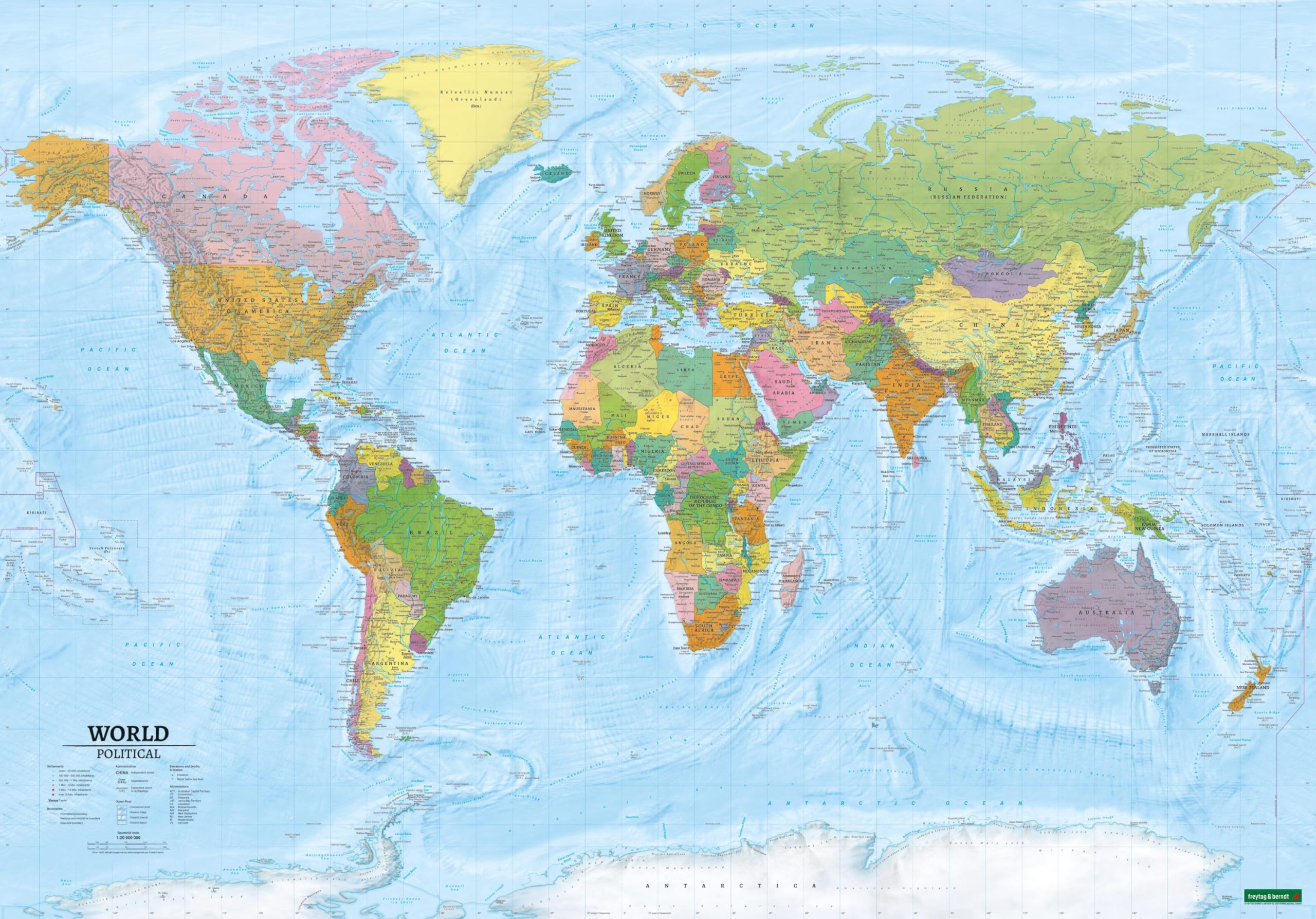 World map, political - physical, english, 1:20.000.000, Poster, freytag & berndt: Front political, back physical, 137,5 x 96 cm