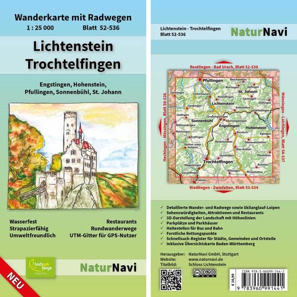 Lichtenstein - Trochtelfingen: Wanderkarte mit Radwegen, Blatt 52-536, 1 : 25 000, Engstingen, Hohenstein, Pfullingen, Sonnenbühl, St. Johann (NaturNavi Wanderkarte mit Radwegen 1:25 000)