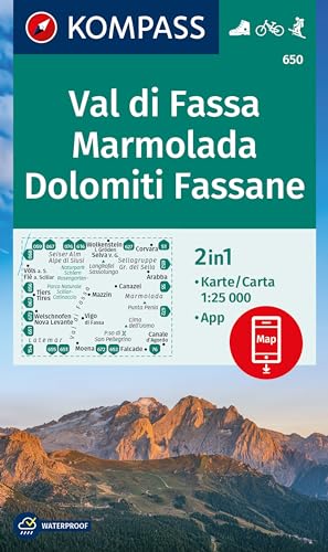 unbekannt Kompass Wanderkarte 650 Val Di Fassa, Marmolada, Dolomiti Fassane 1, 25.000, Markierte Wanderwege, Hütten, Radrouten