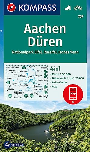 unbekannt Kompass Wanderkarte 757 Aachen, Düren, Nationalpark Eifel, Rureifel, Hohes Venn 1, 50.000, 4in1 Wanderkarte Mit Aktiv Guide Und Detailkarten
