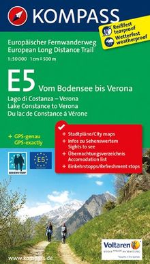 E5 Vom Bodensee bis Verona: Wander-Tourenkarte. GPS-genau. 1:50000