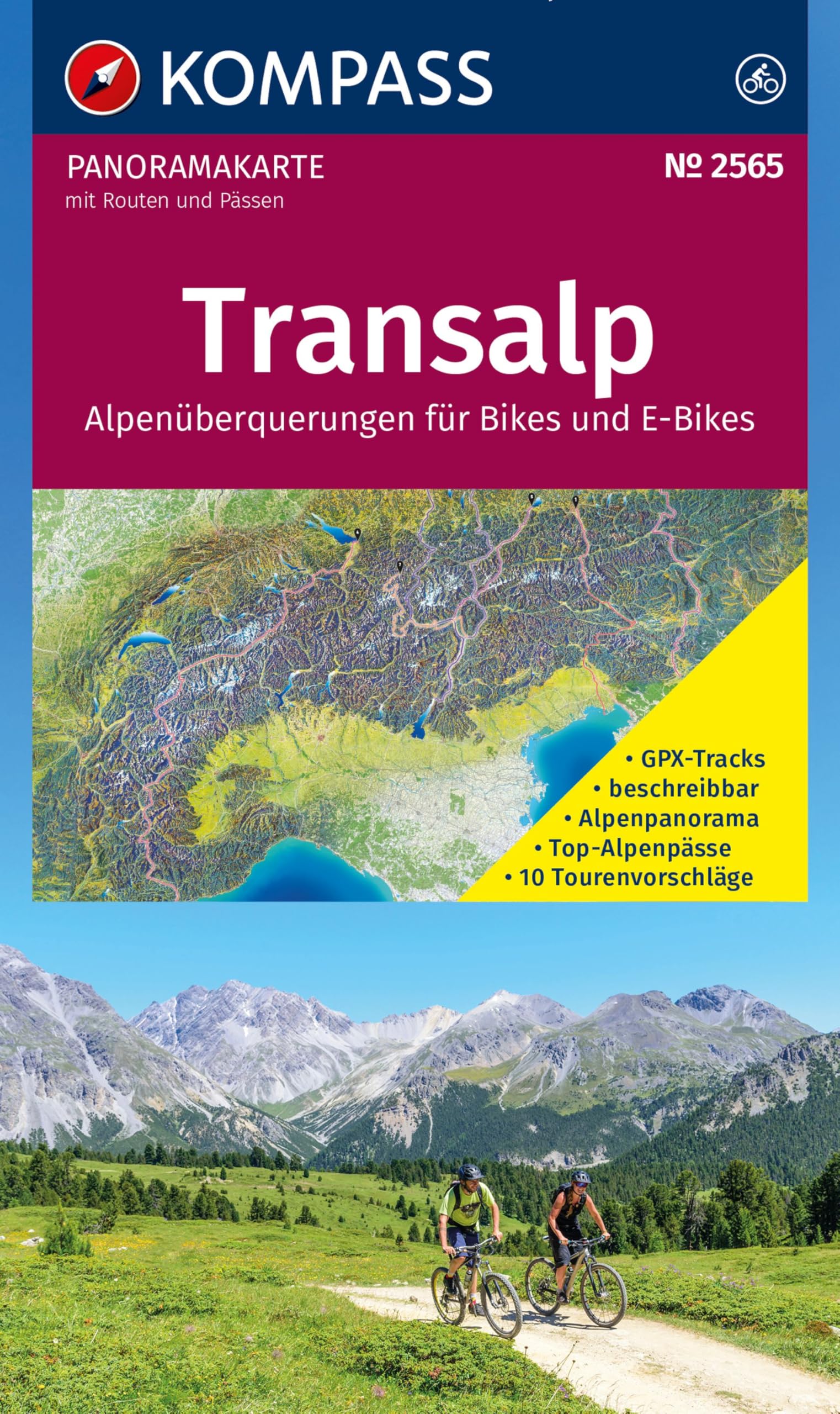 KOMPASS Radfernwegekarte Transalp Panoramakarte 1:2 Mio.: Alpenüberquerungen für Bikes und E-Bikes mit Routen und Pässen