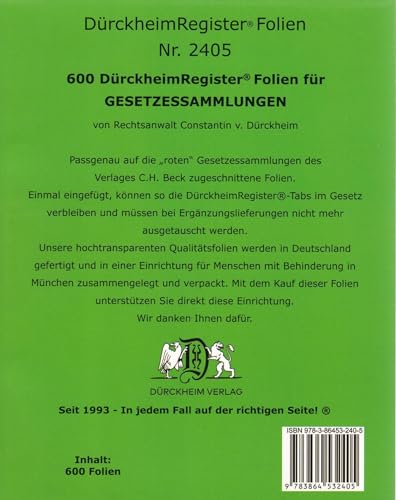 600 DürckheimRegister®-FOLIEN für STEUERGESETZE u.a; zum Einheften und Unterteilen der Gesetzessammlungen: 600 transparente FOLIEN für HABERSACK, ... H. Beck zum Einheften der DürckheimRegister®