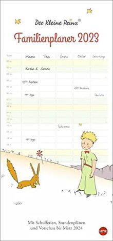 Der Kleine Prinz Familienplaner 2023- Wandkalender mit Monatskalendarium, 5 Spalten, Schulferien, 2 Stundenpläne, 3-Monats-Ausblick Januar bis März 2024 - 21 x 45 cm