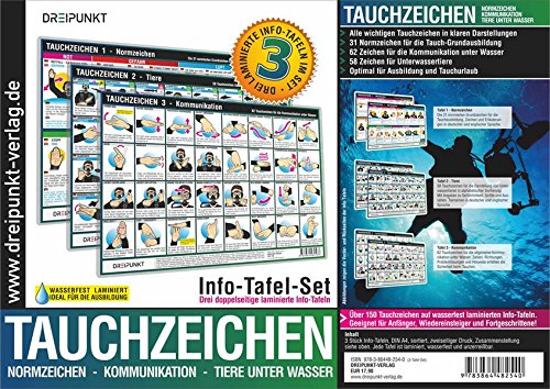 Info-Tafel-Set Tauchzeichen: 3 laminierte Info-Tafeln mit über 150 Tauchzeichen für die sichere Kommunikation unter Wasser