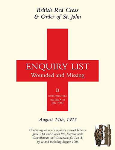 British Red Cross & order of St. John Enquiry List Wounded and Missing: August 14th, 1915