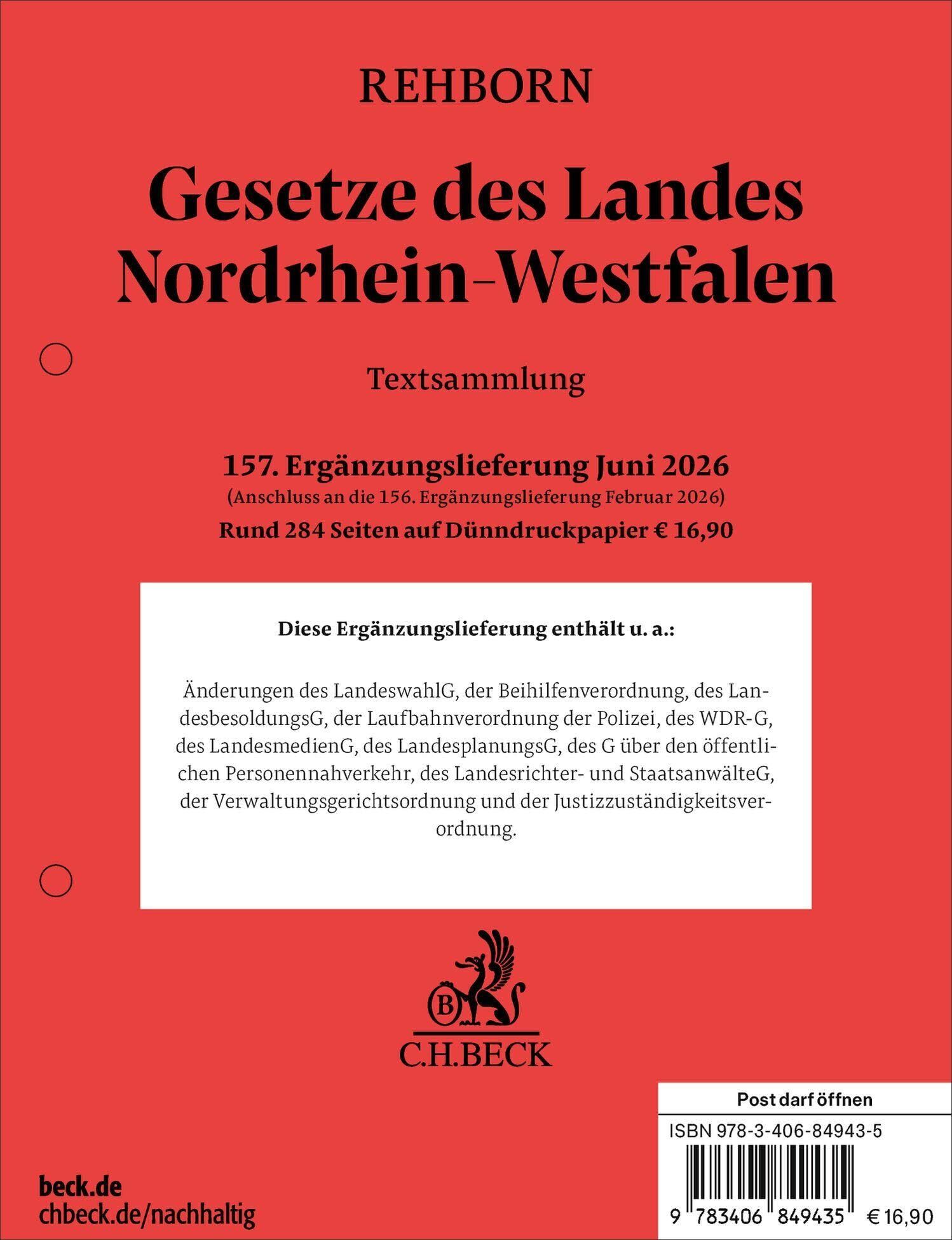 Gesetze des Landes Nordrhein-Westfalen 157. Ergänzungslieferung