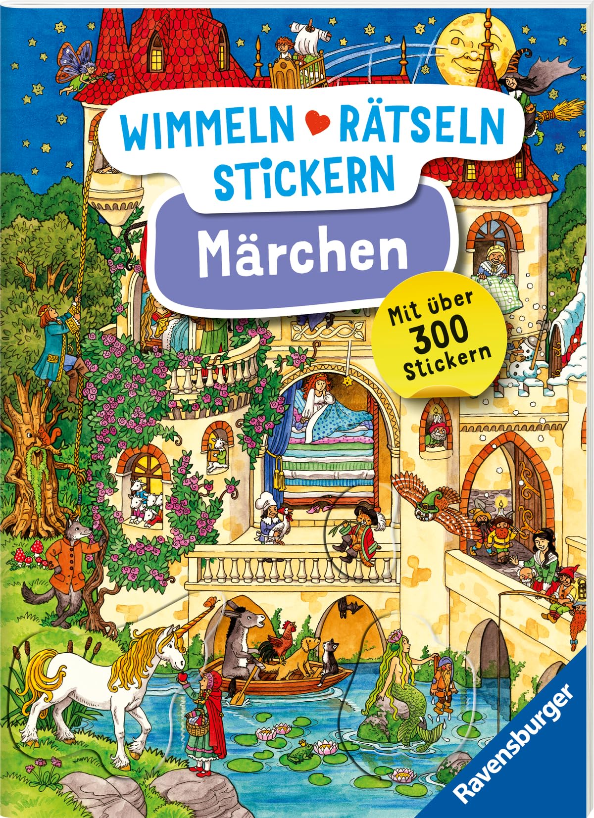 Ravensburger Wimmeln, Rätseln, Stickern: Märchen - Stickerbuch ab 4 Jahren, 13 Wimmelbilder, über 300 Sticker, Märchen