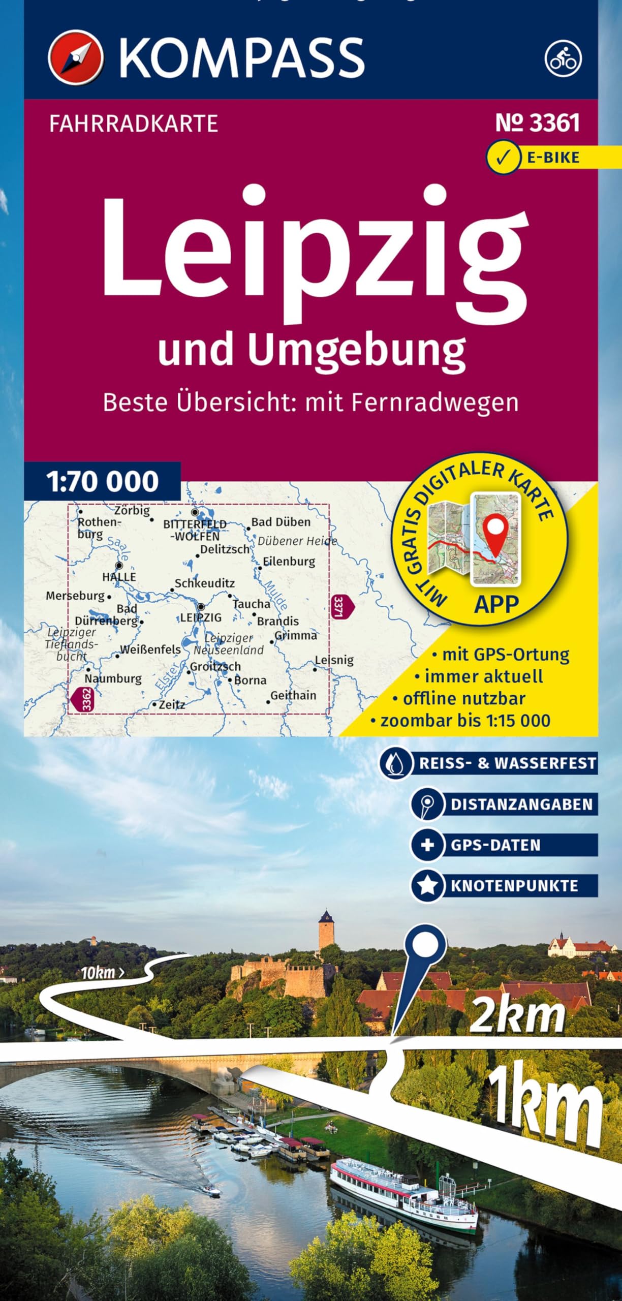 KOMPASS Fahrradkarte 3361 Leipzig und Umgebung mit Knotenpunkten 1:70.000: reiß- und wetterfest